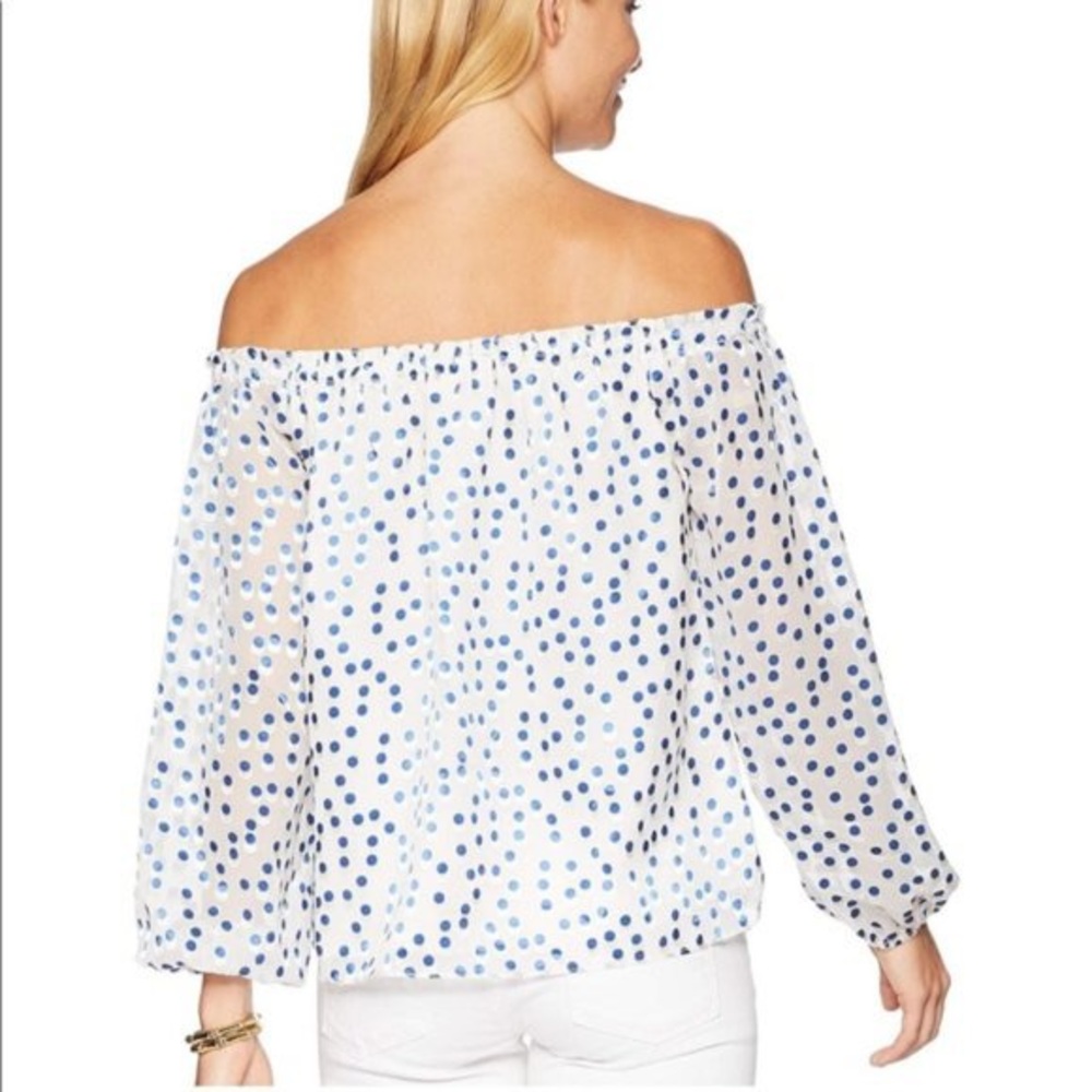 Lilly Pulitzer Lou Lou Off The Shoulder Top Bennet Blue Polka Dot Size XS - Picture 2 of 4